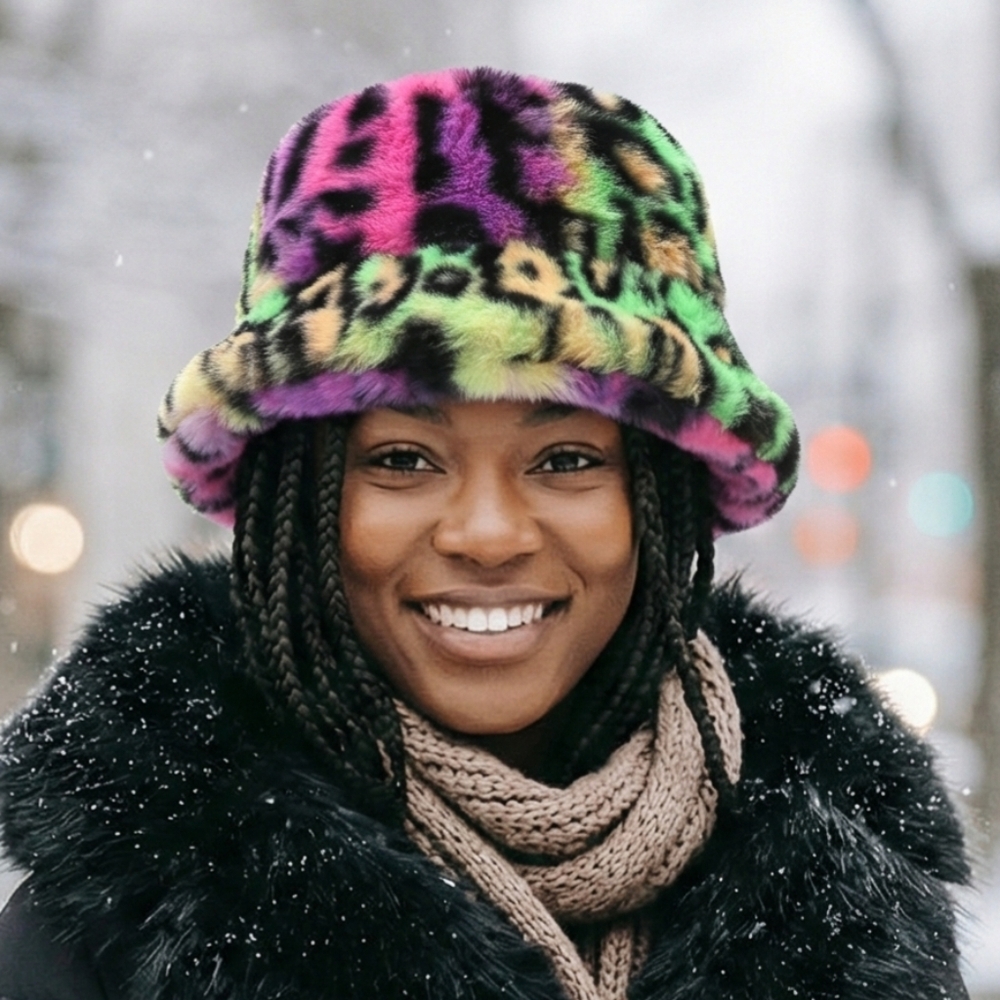 Faux Fur Bucket Hat Animal Print -3 Different Styles Leopard Print Cheetah Print - Picture 3 of 16